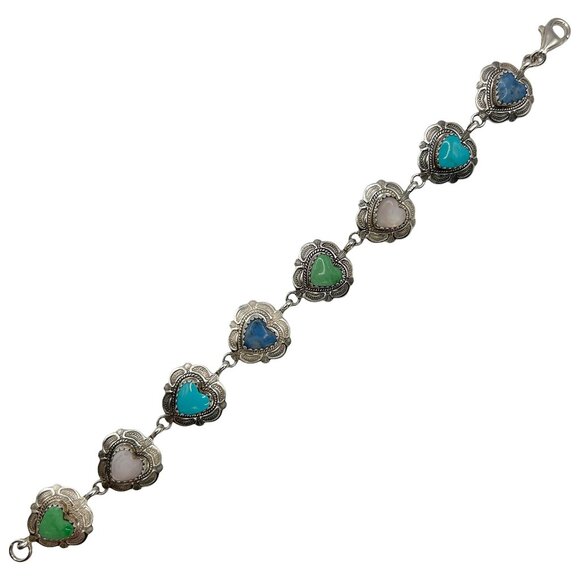 Quoc Turquoise QTC 925 Sterling Silver Multi-Stone Heart Link 7.75" Bracelet - Picture 3 of 6